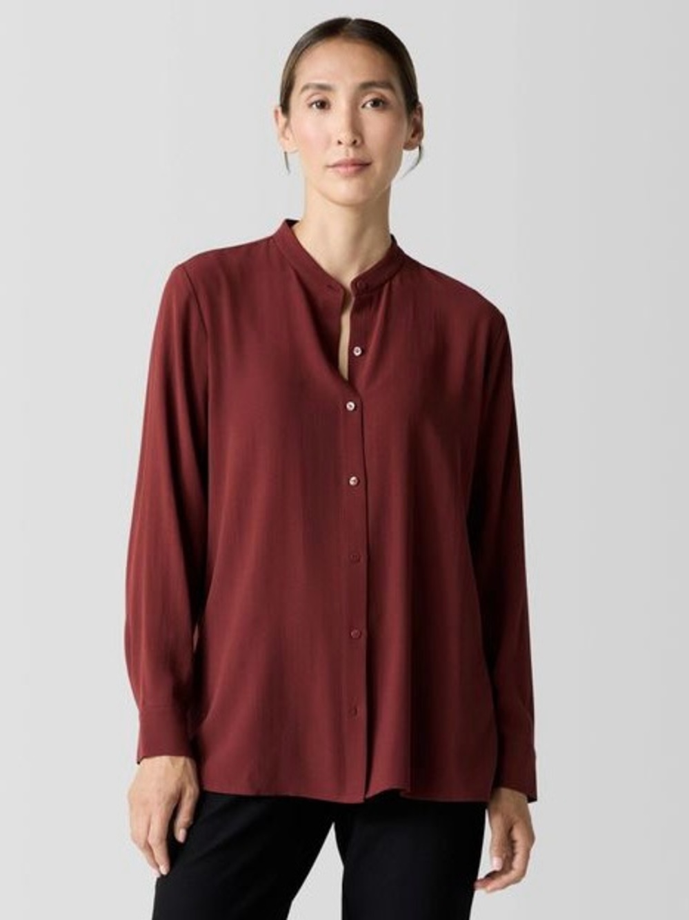 Eileen Fisher Band Collar Button Up Long Sleeve Silk Shirt